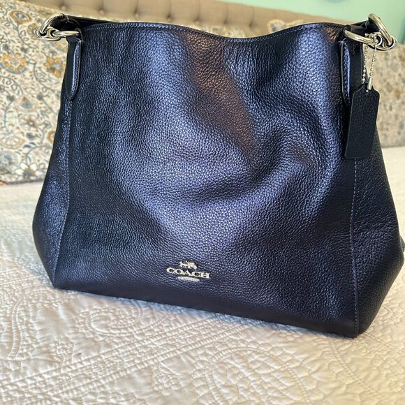 Coach Navy Hallie Leather Shoulder Bag - Picture 2 of 15